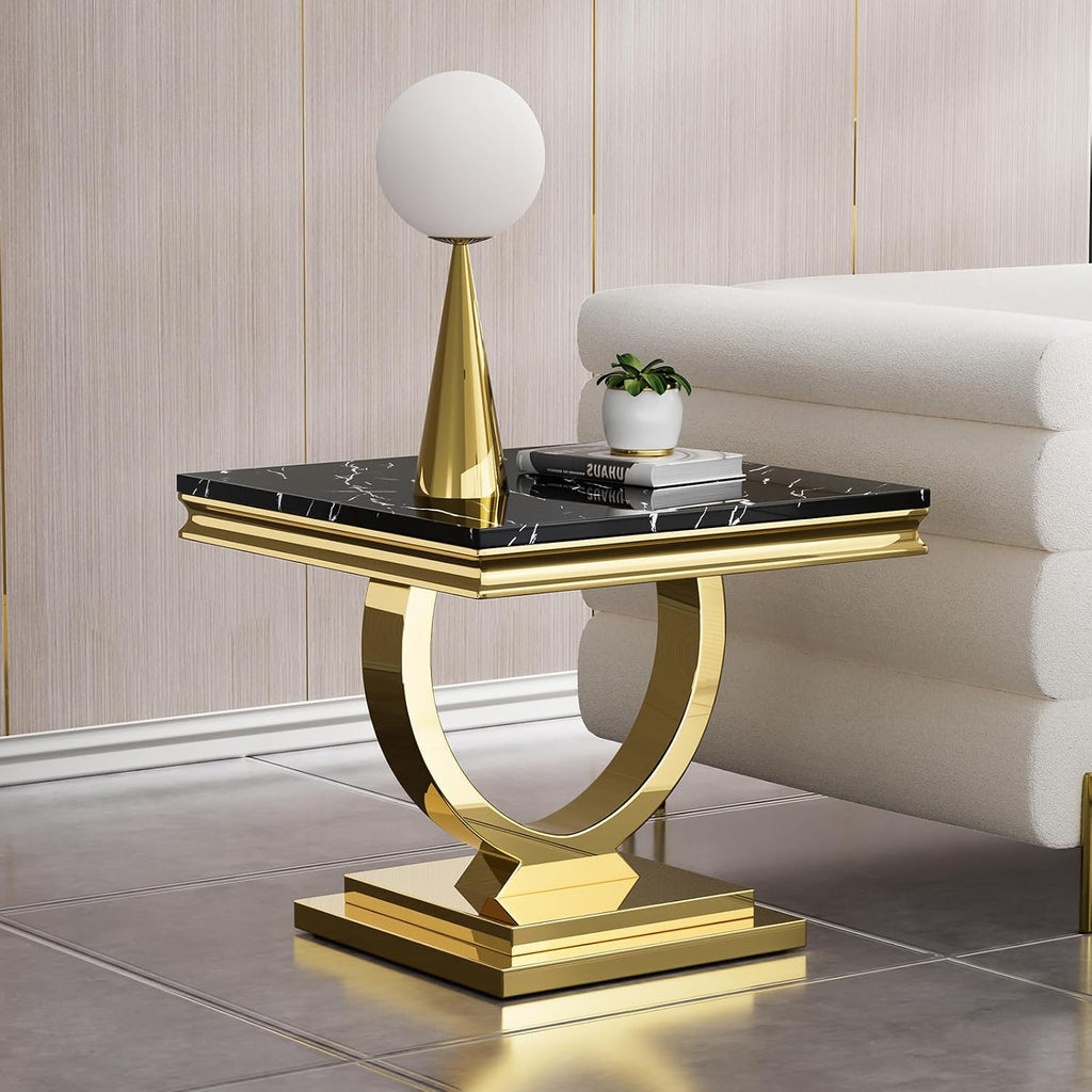 2 Piece Marble Living Room Table Set Modern Black Faux Marble Coffee Table and End Table with Gold O-Shape Stainless Steel Frame Elegant Coffee Table Set of 2 for Home Office