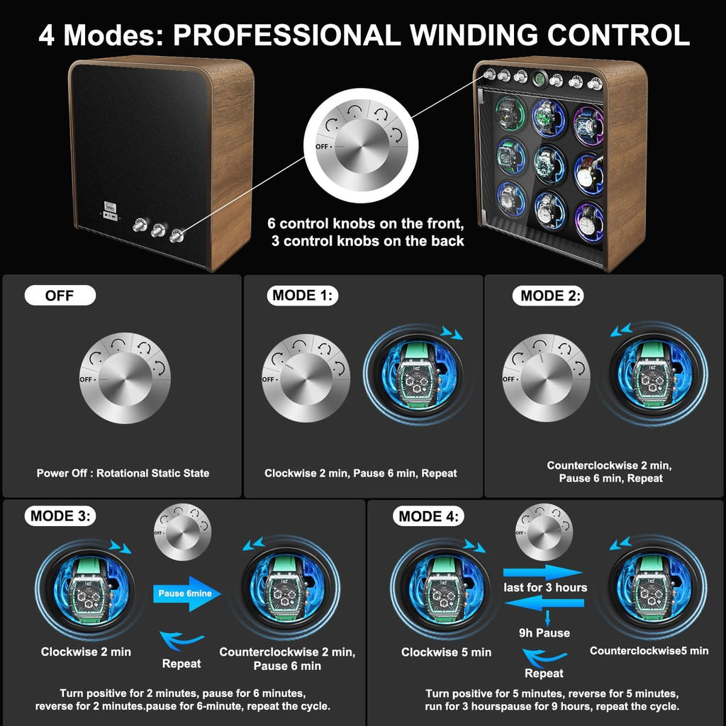Watch Winder for Automatic Watches, Watch Winders Box 1/2/4/6/9 Slot for Rolex,Silent Motor, 4 Rotation Mode Setting,Built-in led Lights,Gift for Man