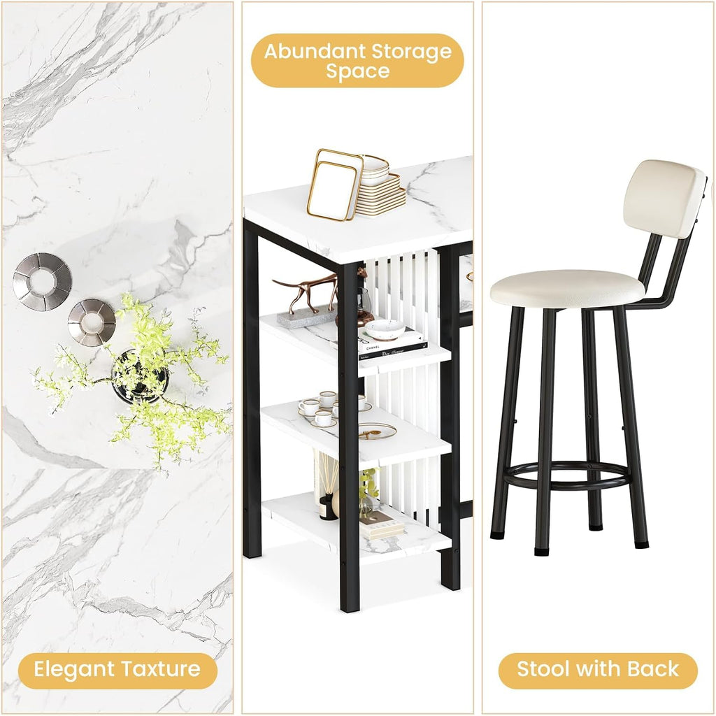 AWQM 3-Piece Bar Table and Chairs Set, Modern White Faux Marble Table with 2 PU Cushion Bar Stools, Kitchen Counter with 3 Tier Storage Shelves, Space Saving Table for Home & Kitchen, Black Frame
