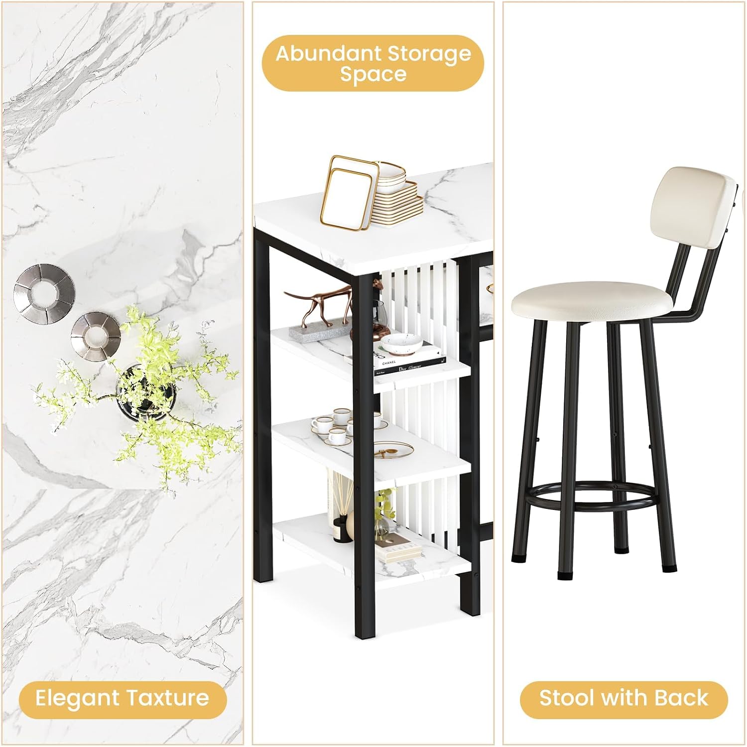 AWQM 3-Piece Bar Table and Chairs Set, Modern White Faux Marble Table with 2 PU Cushion Bar Stools, Kitchen Counter with 3 Tier Storage Shelves, Space Saving Table for Home & Kitchen, Black Frame