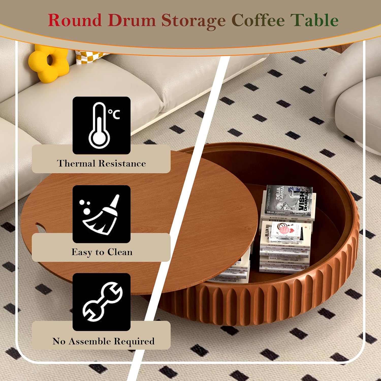 Chic Drum Coffee Table with Storage 39.37' Rustic Round Center Table - Handcraft Fluted Veneer Easy Assemble for Living Room Apartment (C 39.37in)