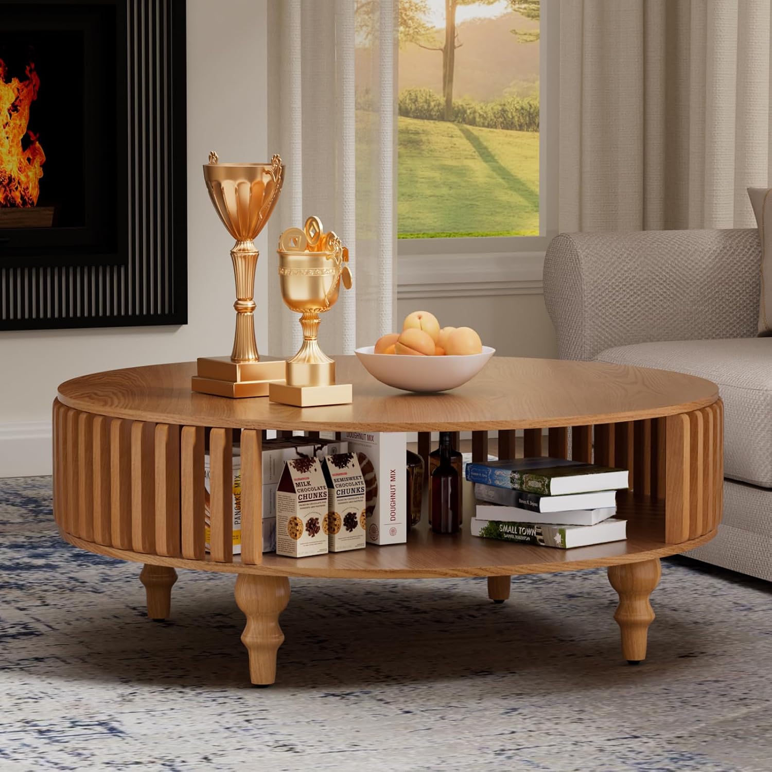 2-Tier Round Coffee Table 39.4' Round Coffee Table with Storage Mid-Century Modern Circle Accent Center Table Farmhouse Low Cocktail Tea Furniture for Living Room Small Spaces (39.4' Round)