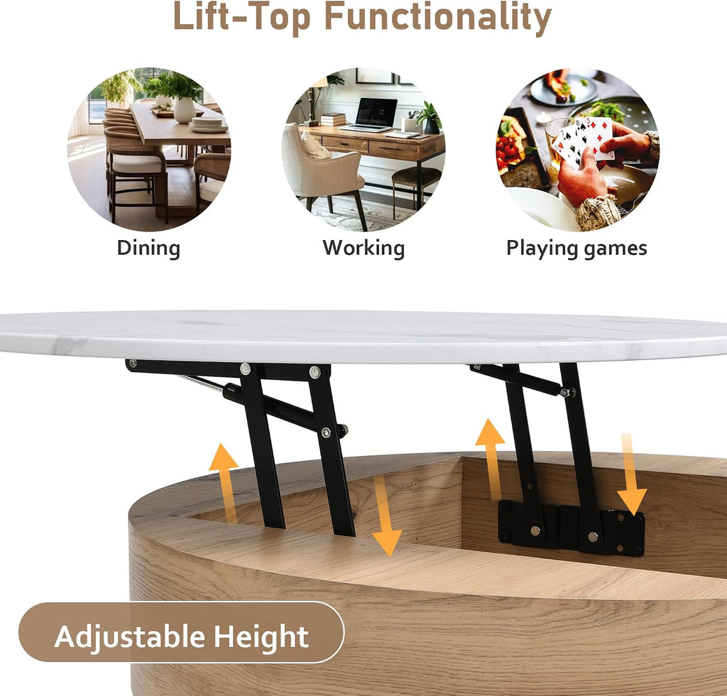 31.5' Modern Round Lift-Top Coffee Table with Storage & 3 Ottoman,White & Natural