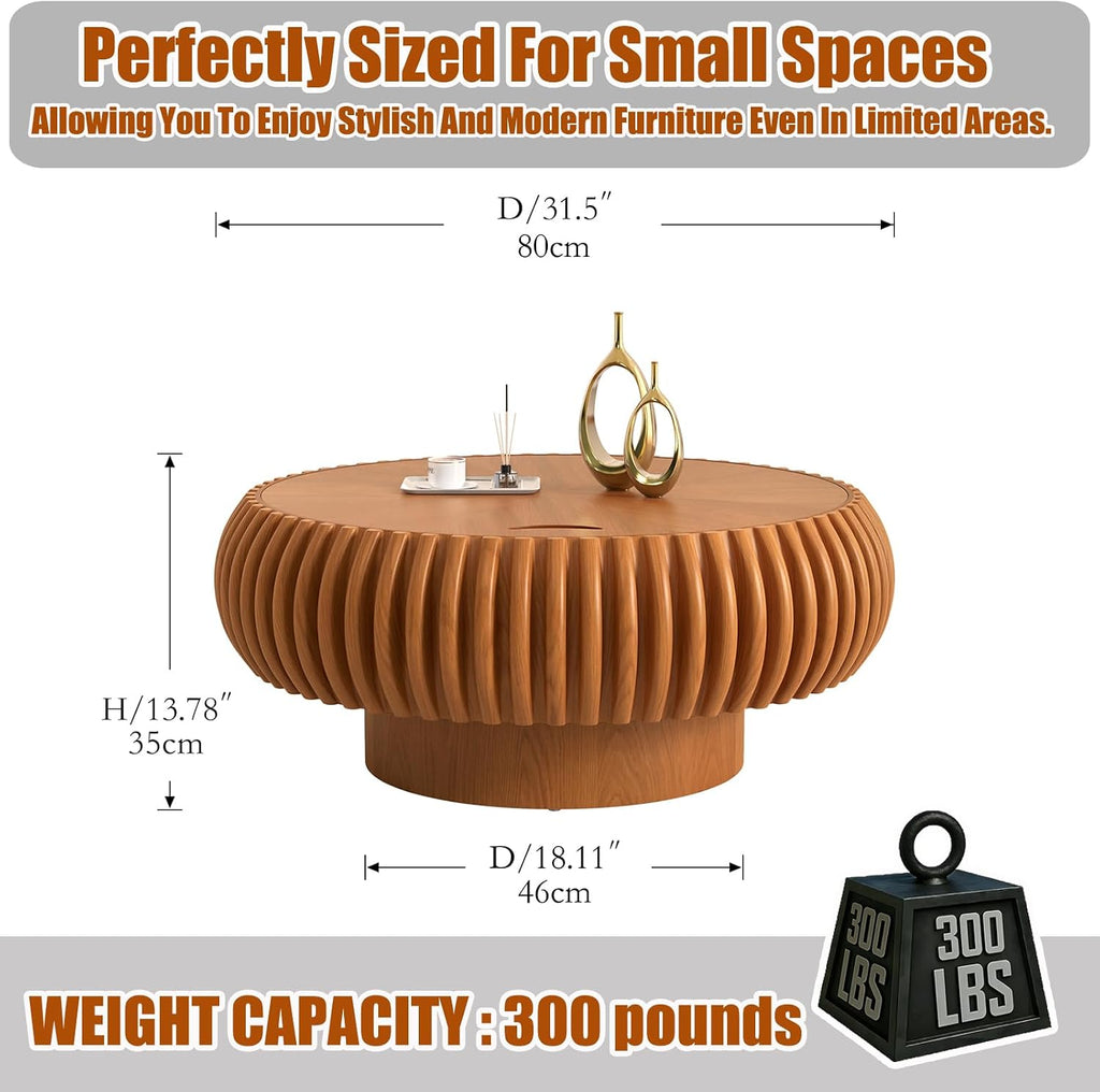 31.5' Round Drum Coffee Table with Hidden Storage, Modern Fluted Coffee Tables with Solid Wood Veneer, Wooden Circle Center Table for Living Room, Small Spaces, and Apartments, Easy Assembly