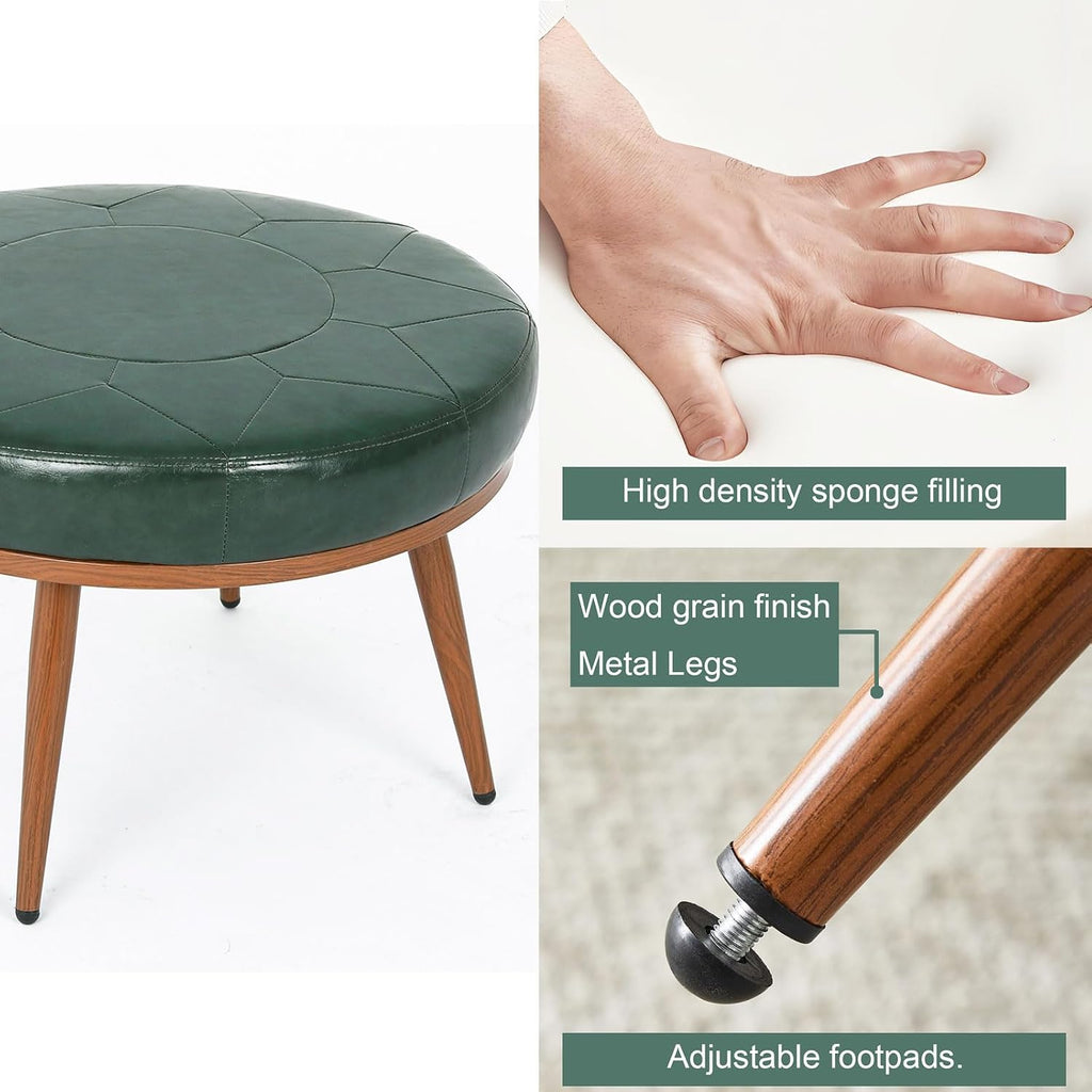 Green Round Ottoman Coffee Table, 24-Inch Faux Leather Cushioned Footstool with Solid Wood Bookshelf & Frame, Multifunctional Storage Ottoman for Living Room, Bedroom