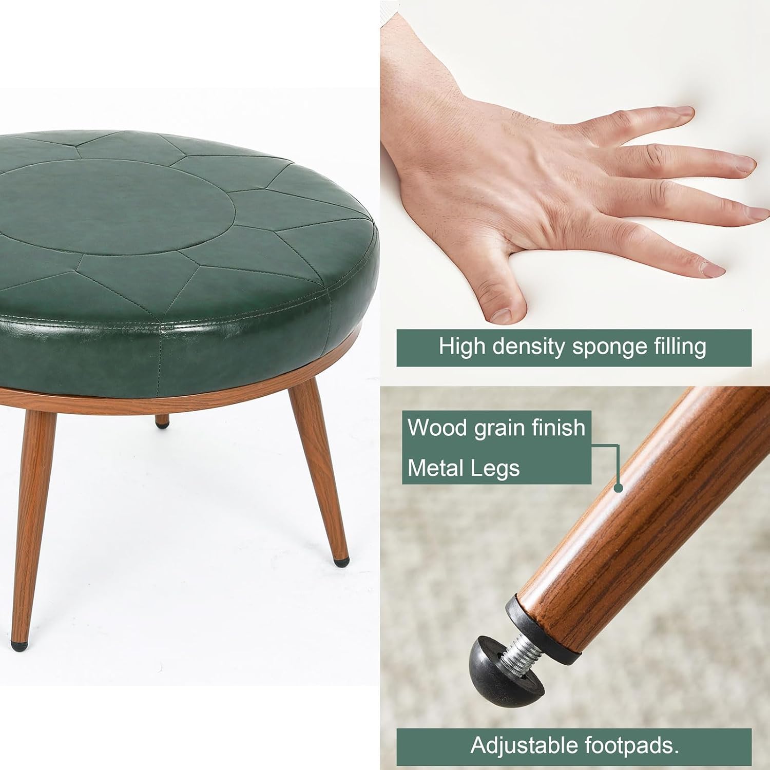 Green Round Ottoman Coffee Table, 24-Inch Faux Leather Cushioned Footstool with Solid Wood Bookshelf & Frame, Multifunctional Storage Ottoman for Living Room, Bedroom