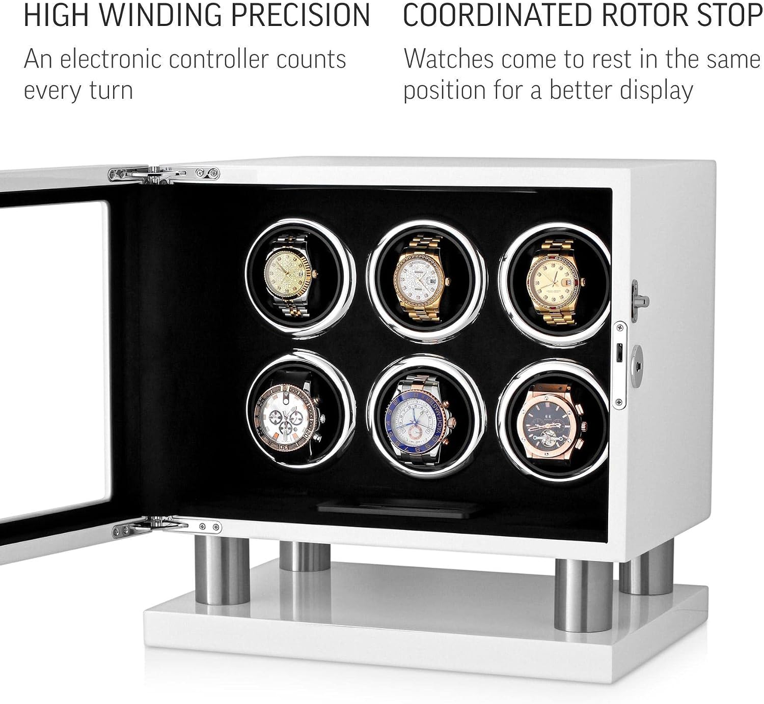 Watch Winder for 6 Watches with LED Light, LCD Display and Motor-Stop Option