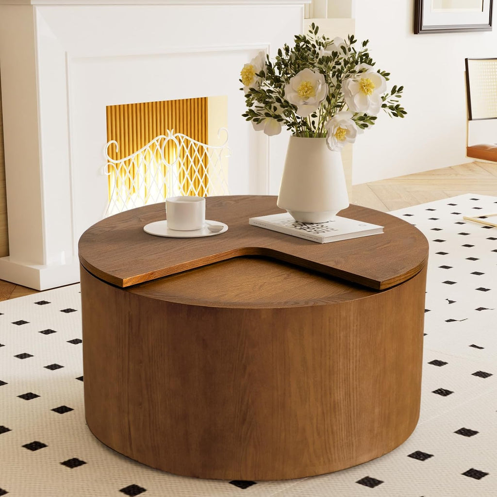 27.16' Modern Brown Side Table with Storage, Mid Century Round Sofa End Table - 360° Rotation Tabletop for Small Space No Assemble Required (Brown 27.16in)