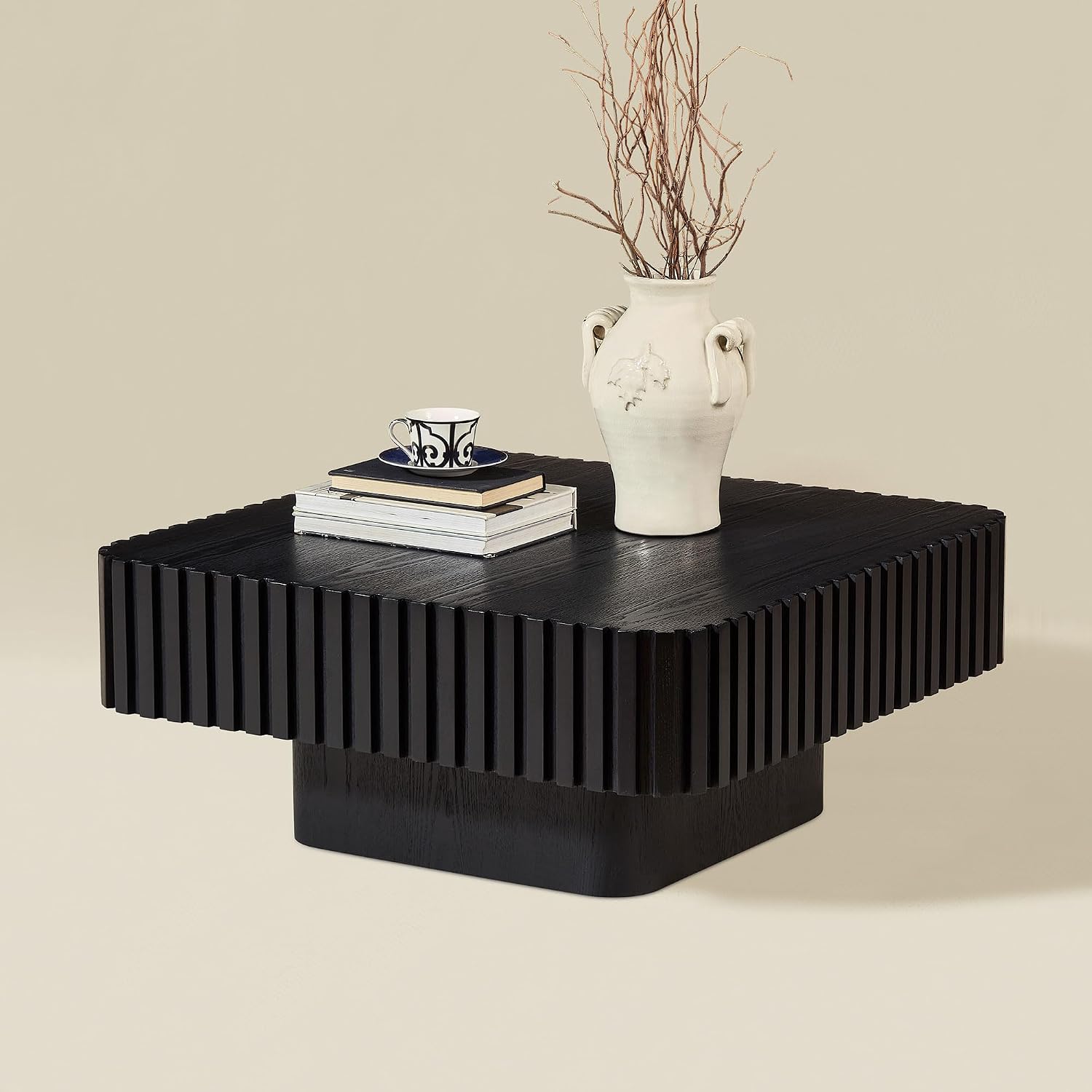 WILLIAMSPACE 31.5' Square Coffee Table with Sturdy Base, Modern Luxury Wood Drum Center Table Accent End Side Table for Living Room, Minimalist Fluted Design, Black