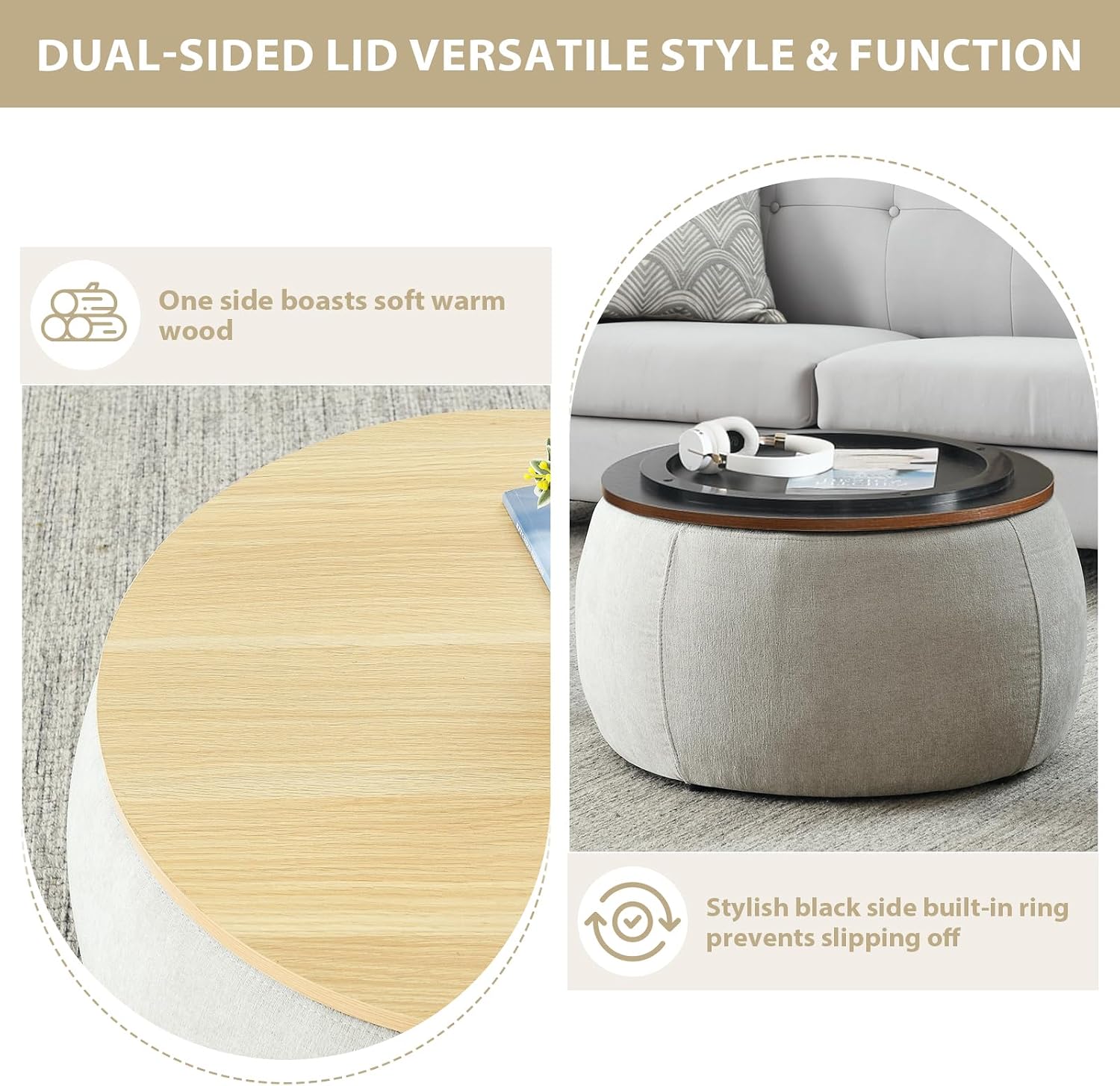 Round Ottoman with Storage Set, 25' +18' Circle Coffee Table Upholstered Nesting Modern End Table Footstool with Removable Wood Tray Chenille for Living Room No Assembly, Light Grey