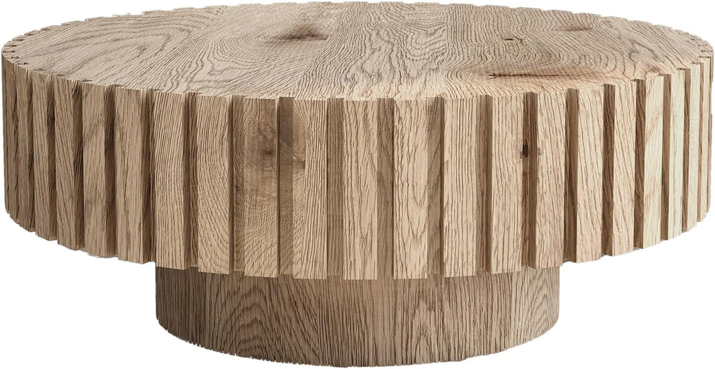 31.4'' Round Circle Coffee Table Modern Wood Coffee Table for Living Room, Contemporary Minimalist Fluted Drum Pedestal Style, Easy Assembly, Wood
