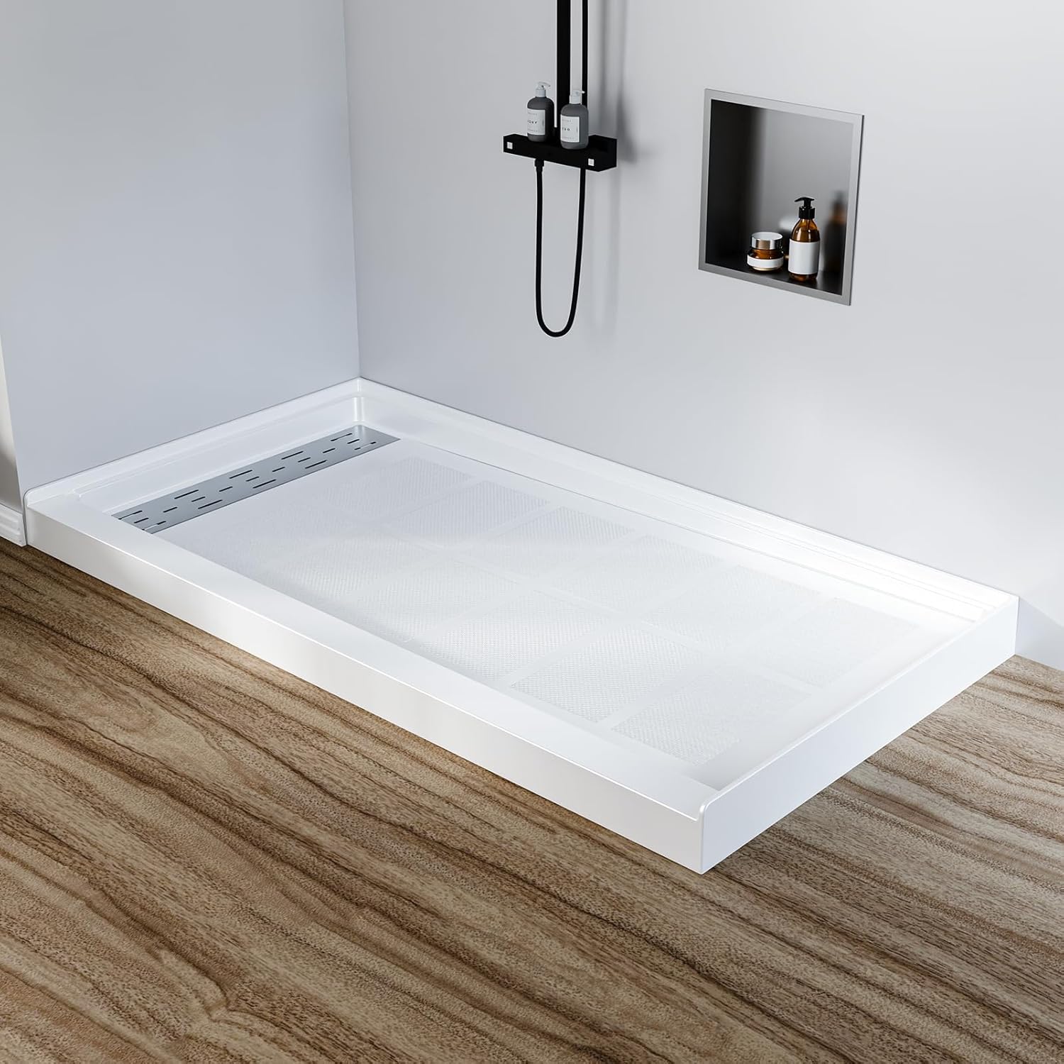 60' x 32' Shower Base Non-Slip SMC Shower Pan with Left Drain, White Bathroom Shower Tray Kit, 304 Stainless Steel Square Drain Cover, Single Threshold Floor for Easy Installation