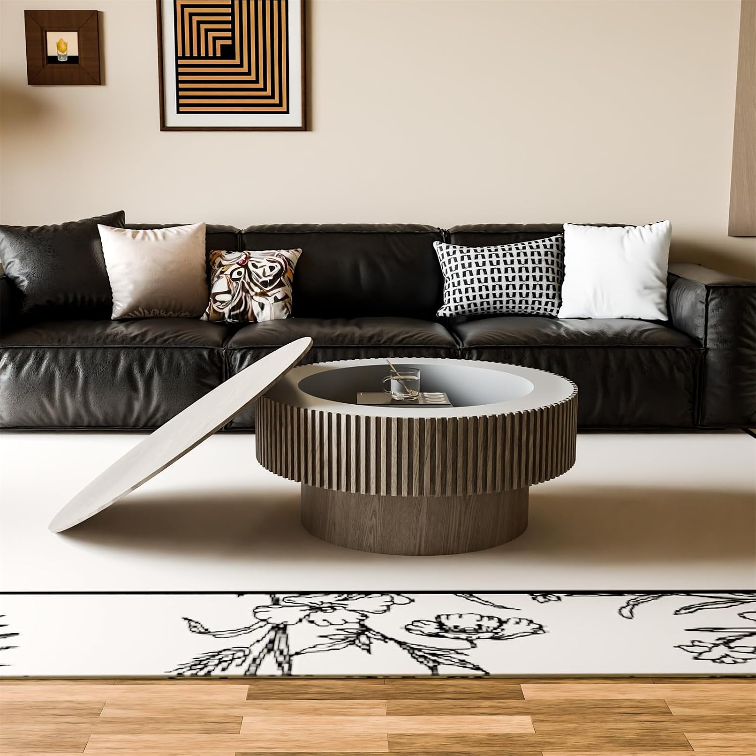 31.5'' Round Coffee Table for Living Room, Fluted Coffee Tables with Hidden Storage, Solid Wood Veneered Circle Modern Tea Table for Small Space Apartment (Grey-31.5''D×14''H)