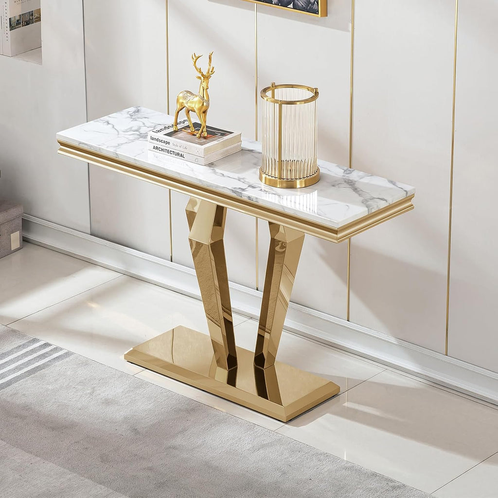 Henf 3 Piece Living Room Table Set, Faux Marble Coffee Table & Console Table & End Table, Luxury White Gold Coffee Table Set of 3 with Mirrored Stainless Steel Base for Living Room Apartment