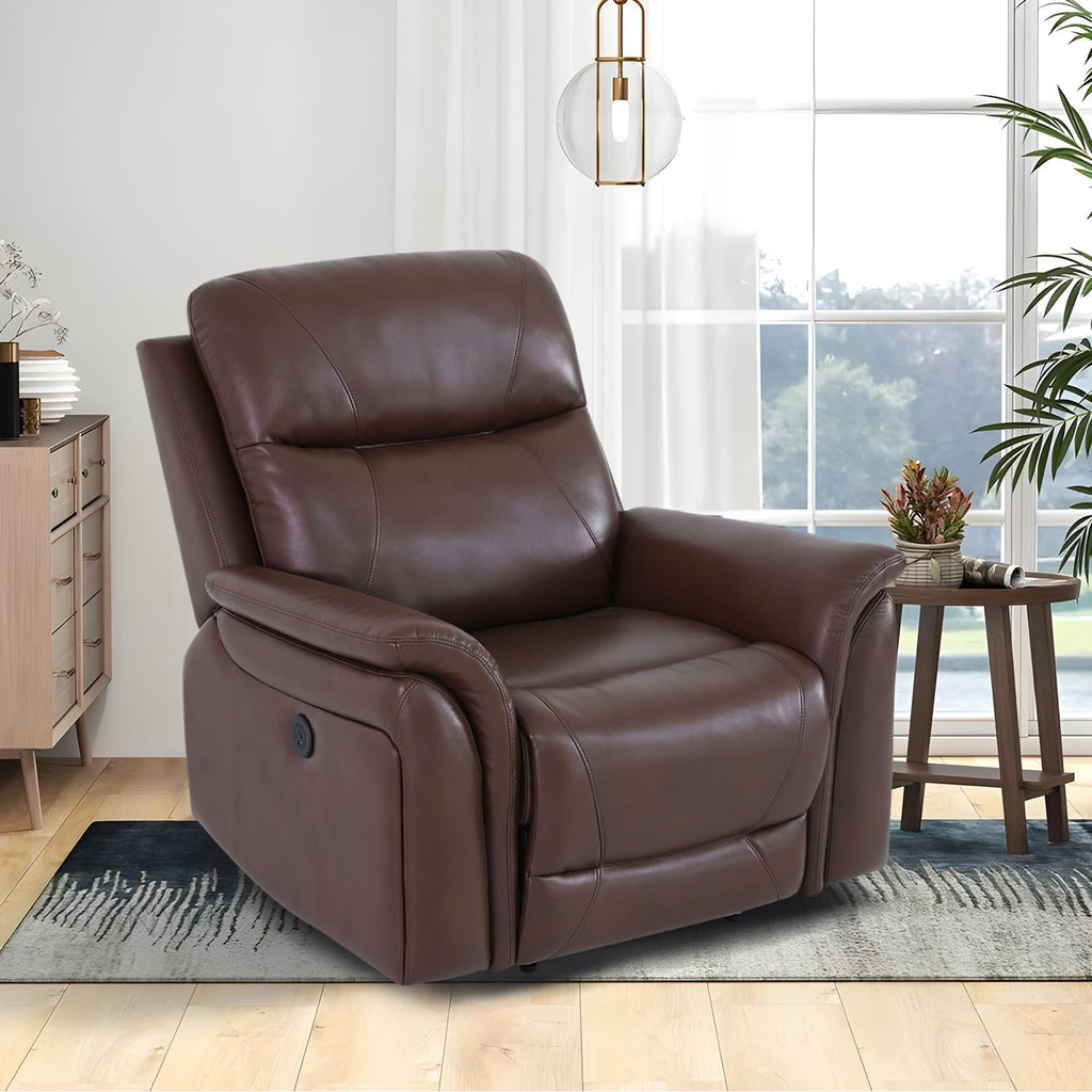 Leather Power Recliner Chair, Reclining Sofa Chair with Padded Backrest, Single Home Theater Seating with Light Strip, Classic Brown Recliner Furniture for Living Room/Office/RV, Brown