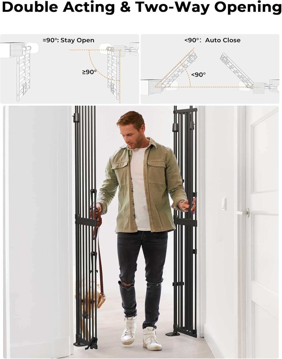 Extra Tall Cat Gate, 74.8'–90.5' High x 30.3'–38.2' Wide, No-Drill Pressure Mounted Safety Barrier for Doorways, Stairs, Hallways, Multi-Pet Separation，Black