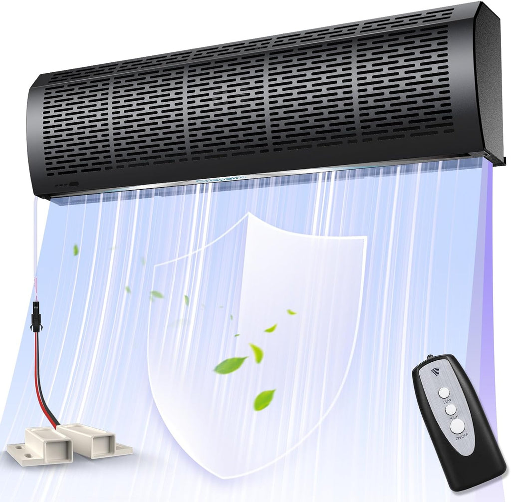 36' Black Air Curtain with Magnetic Door Switch 1527 CFM/2559 FPM Two-Speed Adjustable 180W Powerful Commercial Indoor Air Door Easy Installation Industrial Fan (Not an air conditioner)