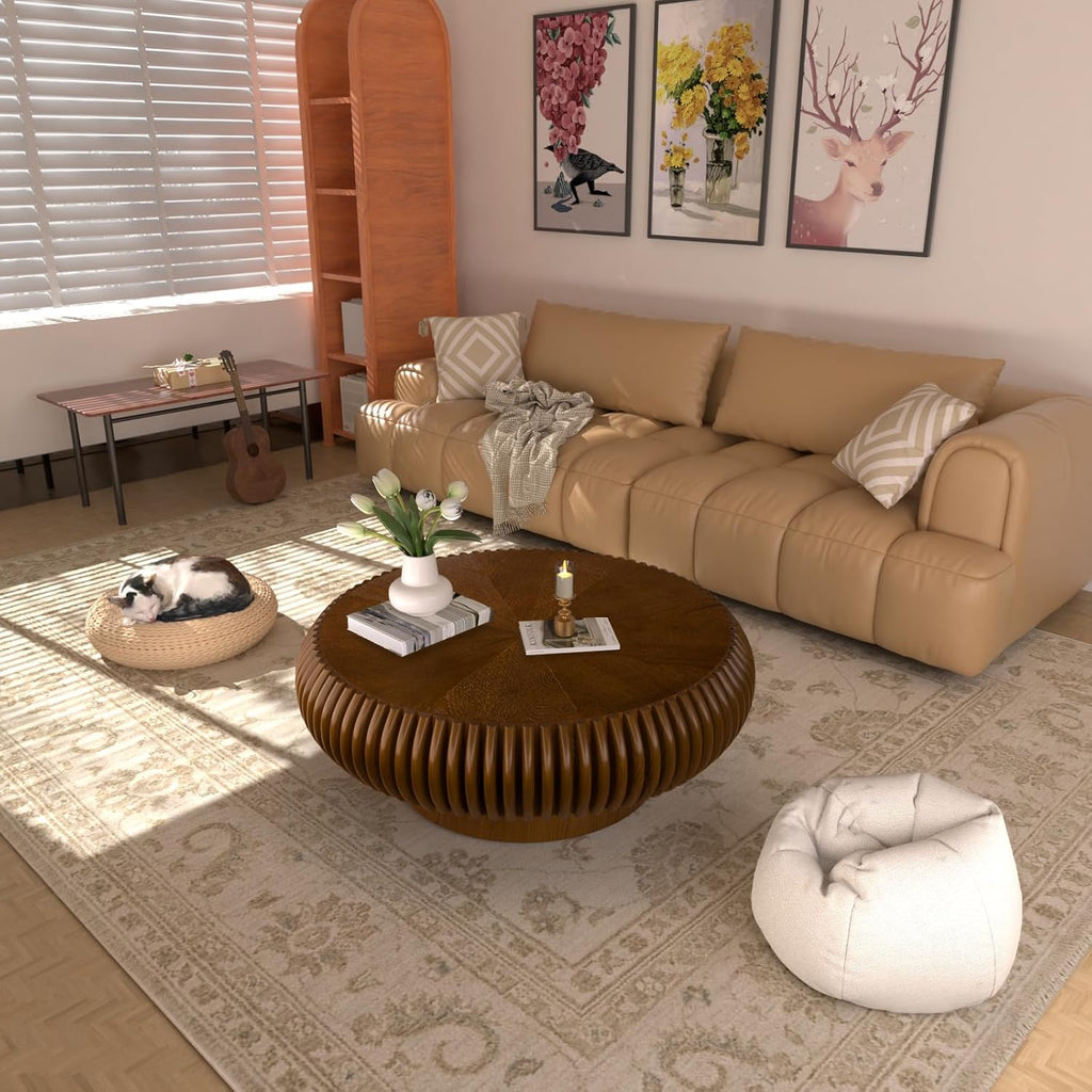 31.5' Round Drum Coffee Table, Modern Fluted Coffee Tables with Solid Wood Veneer, Wooden Circle Center Table for Living Room, Small Spaces, and Apartments, Easy Assembly