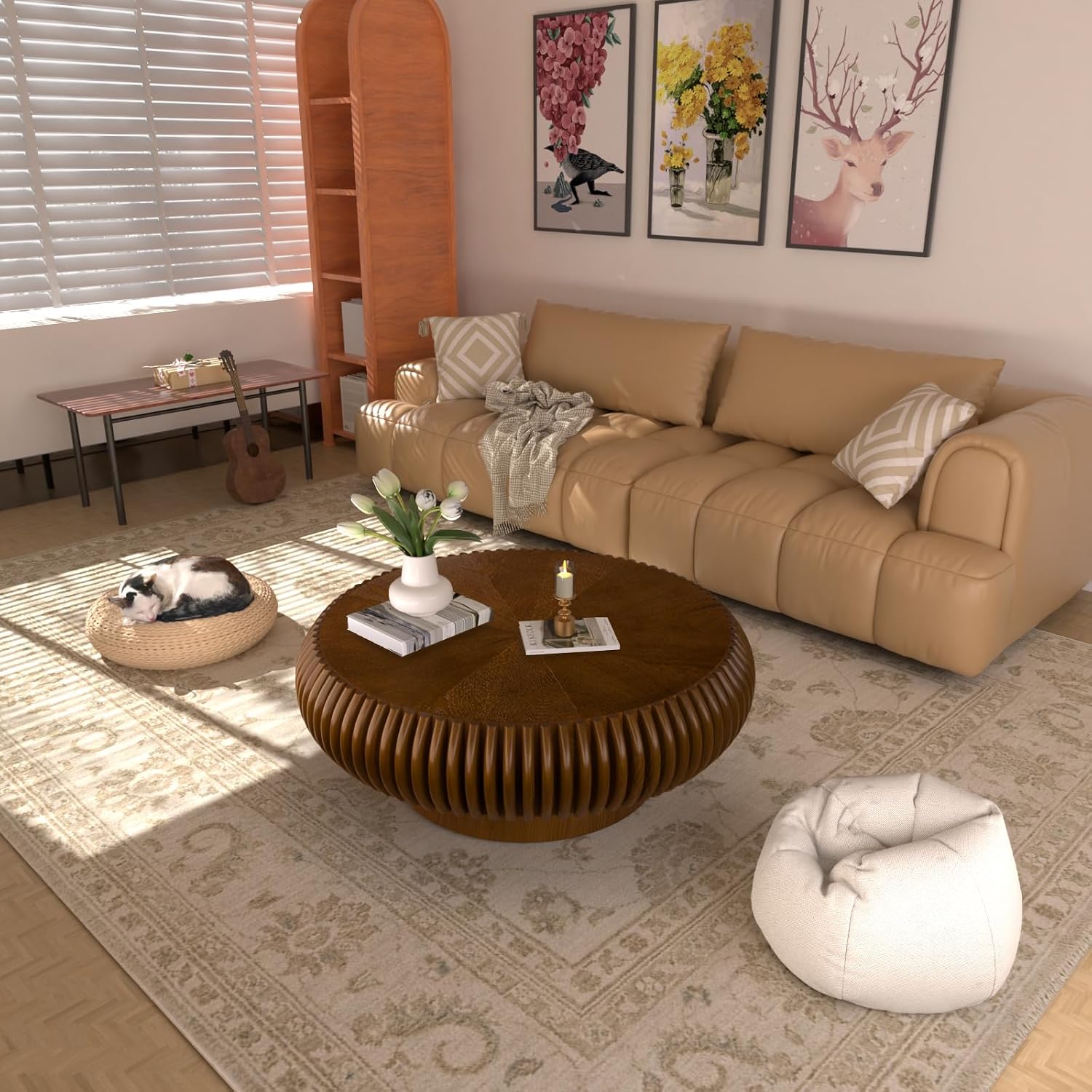 31.5' Round Drum Coffee Table, Modern Fluted Coffee Tables with Solid Wood Veneer, Wooden Circle Center Table for Living Room, Small Spaces, and Apartments, Easy Assembly