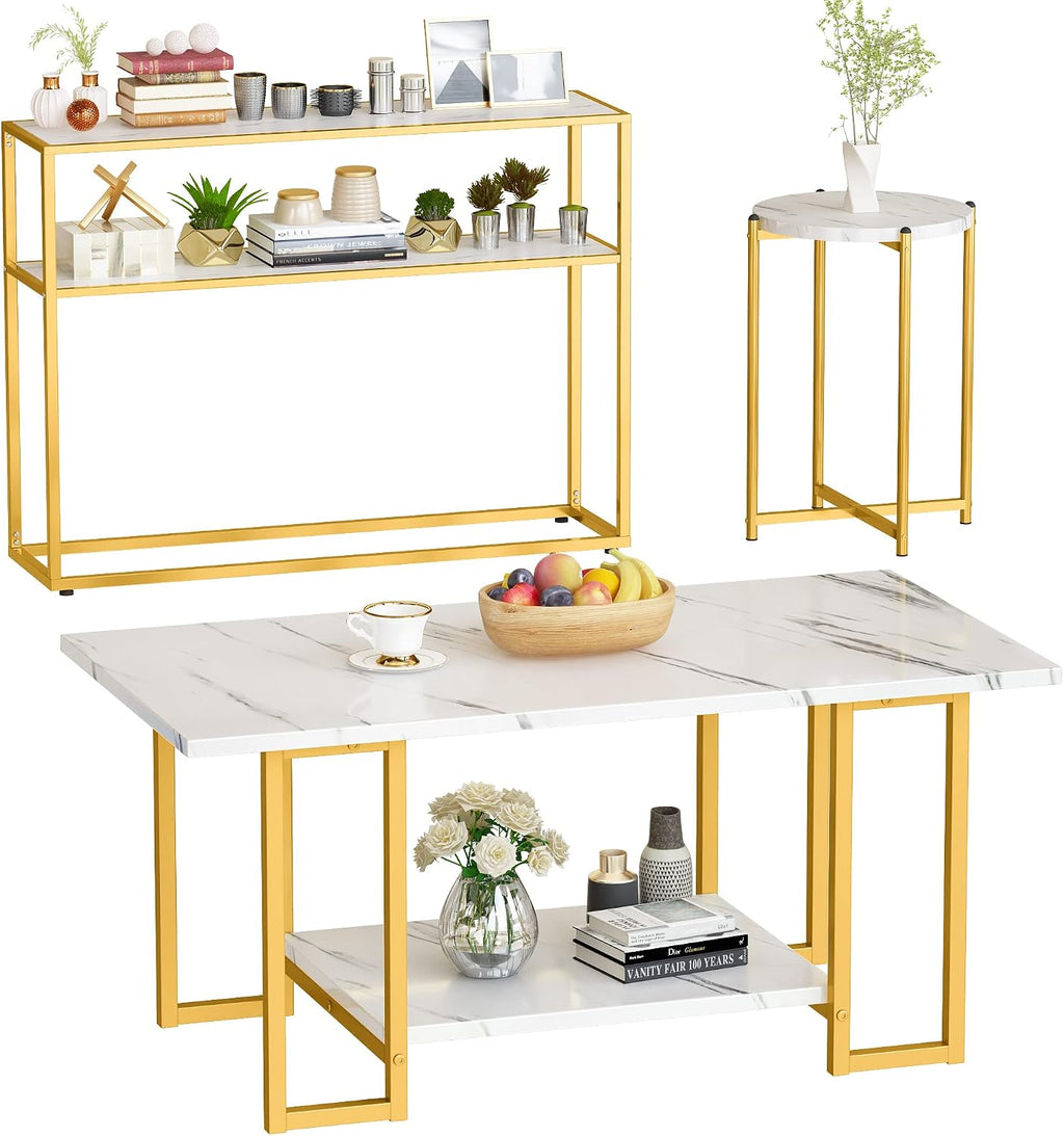 Lamerge 3pcs Living Room Table Set, Faux Marble Coffee Table with Round End Side＆Console Table, Modern White Coffee Table Set with Gold Metal Frame for Home Living Room Office Entryway, Round End