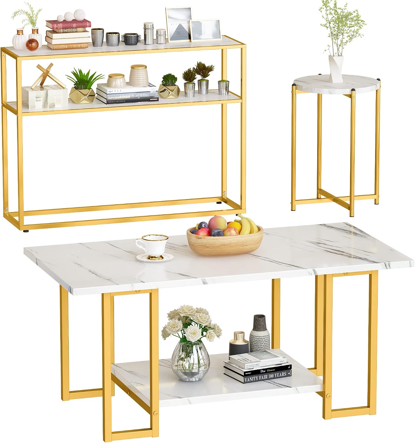 Lamerge 3pcs Living Room Table Set, Faux Marble Coffee Table with Round End Side＆Console Table, Modern White Coffee Table Set with Gold Metal Frame for Home Living Room Office Entryway, Round End