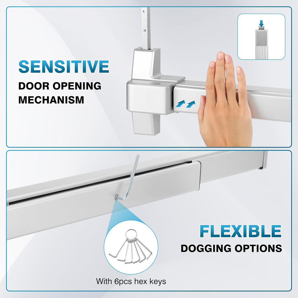 IRONWALLS Surface Vertical Rod Exit Device, 32in Commercial Door Push Bar Panic Device with Single Point Top Latching, Stainless Steel Emergency Exit Panic Bar for 32'-48' (W), 6.7ft-8.1ft (H) Doors
