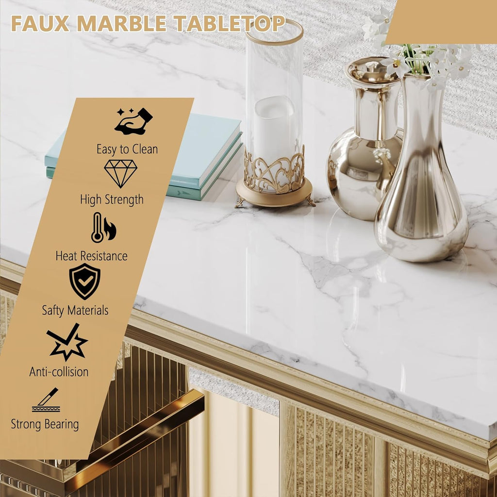3 Pieces Living Room Table Set, Faux Marble Coffee Table Set of 3, Modern Coffee Table, Console Table and End Table with Column-Shaped Stainless Steel Base for Living Room Office White Gold