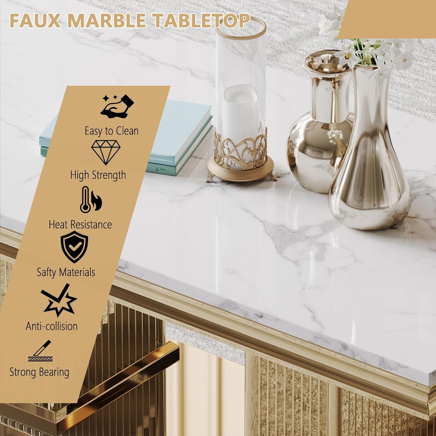 3 Pieces Living Room Table Set, Faux Marble Coffee Table Set of 3, Modern Coffee Table, Console Table and End Table with Column-Shaped Stainless Steel Base for Living Room Office White Gold
