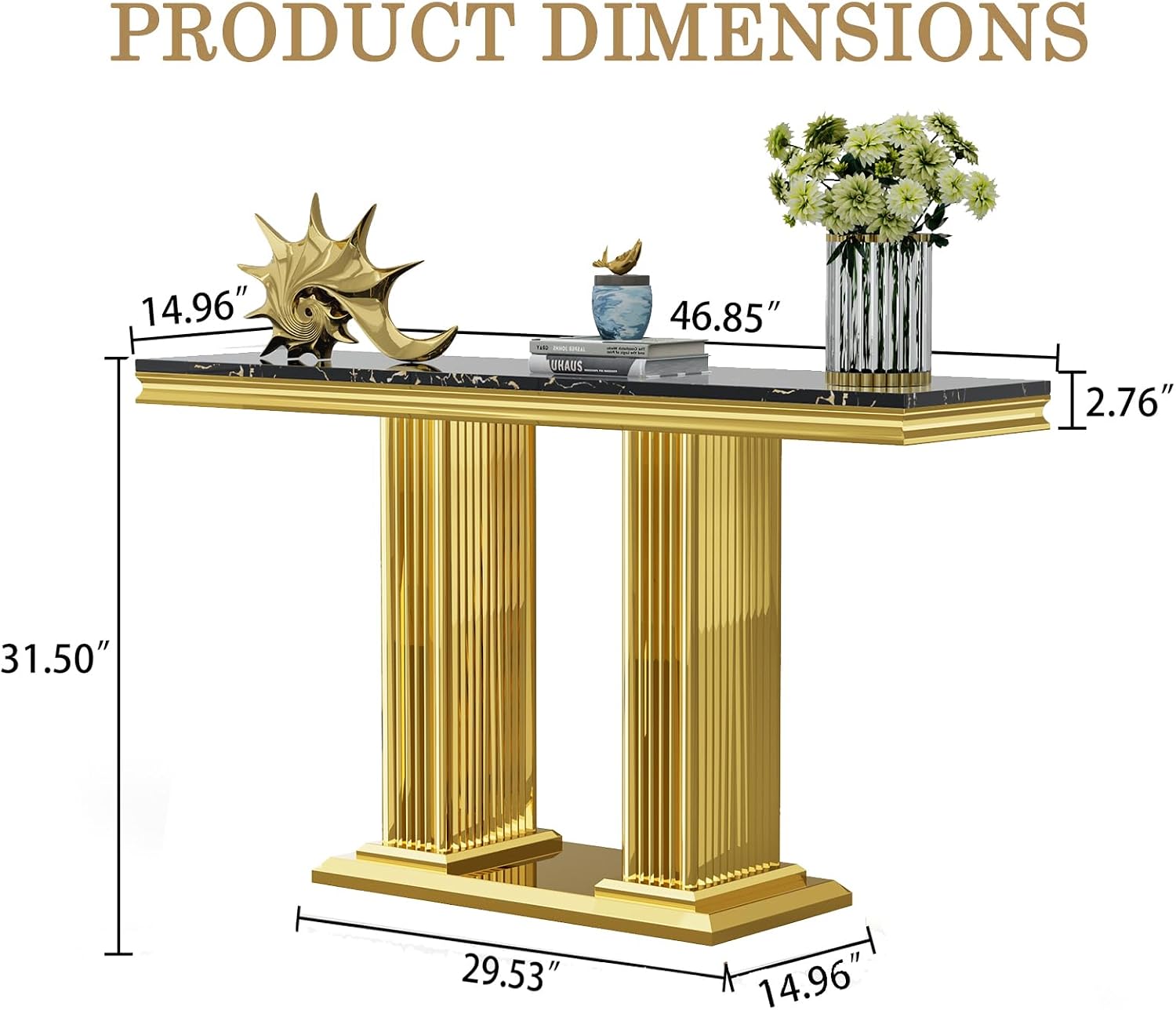 Modern 47' Rectangular Marble Console Table Luxury Black Faux Marble Entryway Table with Gold Column-Shape Stainless Steel Base Narrow Sofa Table Hallway Table for Living Room Entrance
