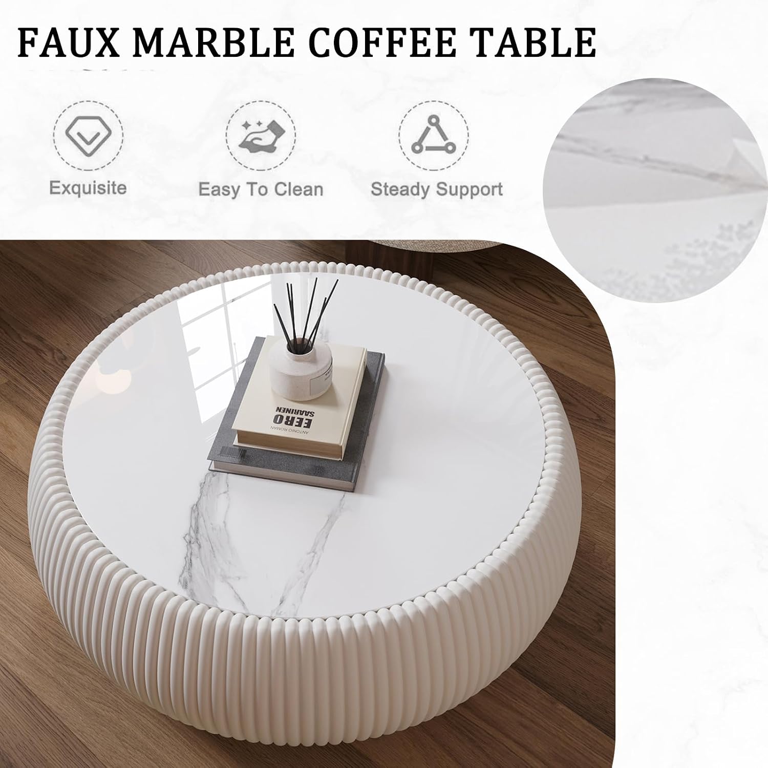 27.55' Round Marble Coffee Table,White Fluted Coffee Table with White Sintered Stone Top & PU Leather Covered, Modern Drum Coffee Cocktail Center Tables for Living Room,No Need Assembly