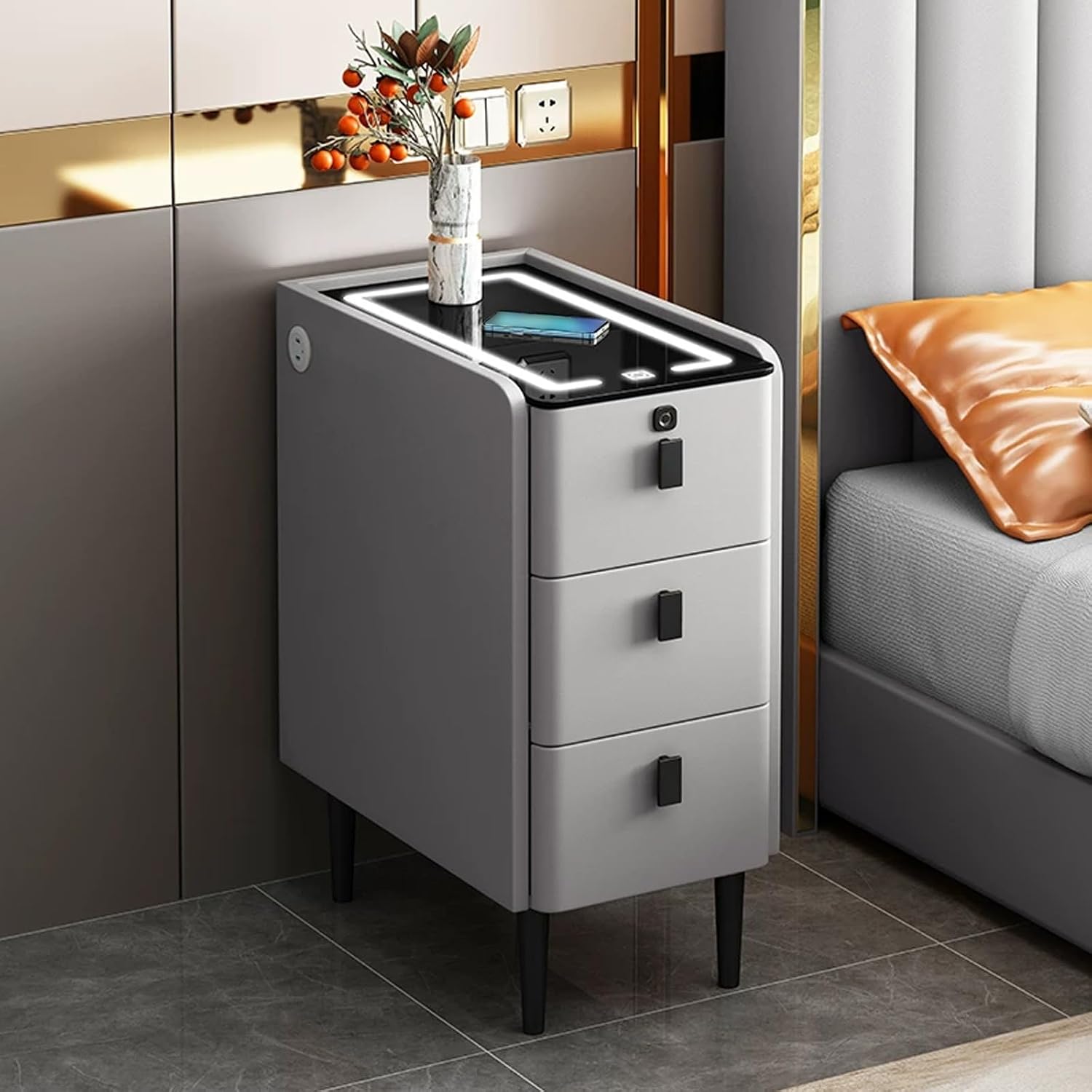 Narrow Nightstand, Smart Nightstand with Fingerprint Locks & Wireless Charging, Tempered Glass Tabletop for Valuables