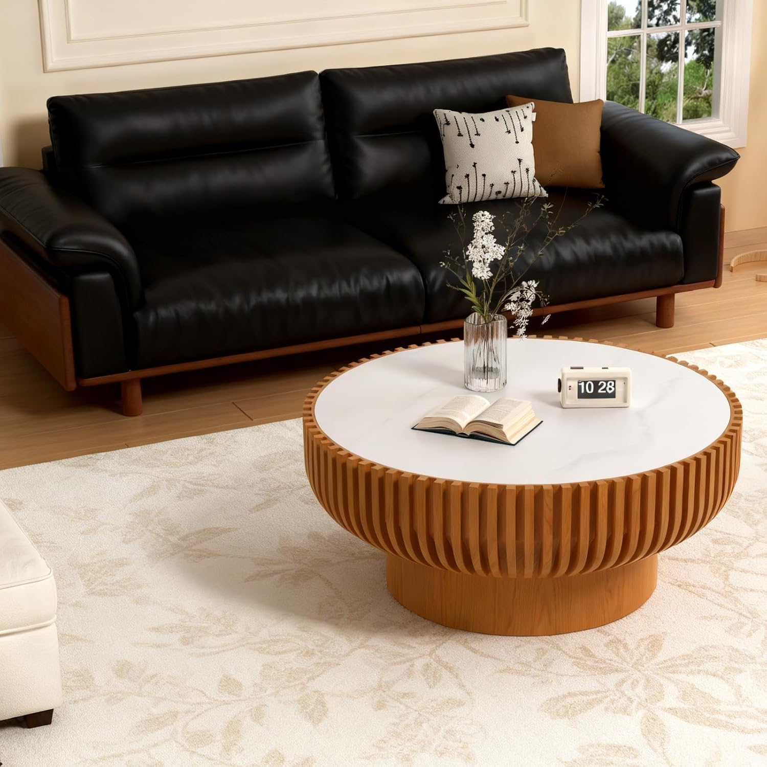 Round Drum Coffee Table White Fluted Coffee Table Circle Center Table Pedestal End Table for Apartment (31.5 in White Desktop)