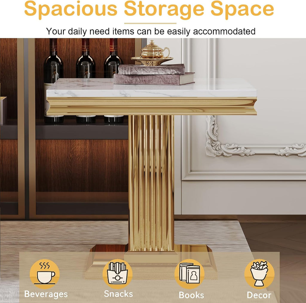 3 Pieces Living Room Table Set,White Faux Marble Coffee Table Set of 3, Modern Coffee Table and 2 End Table Set with Gold Column-Shaped Stainless Steel Base for Living Room Home Office