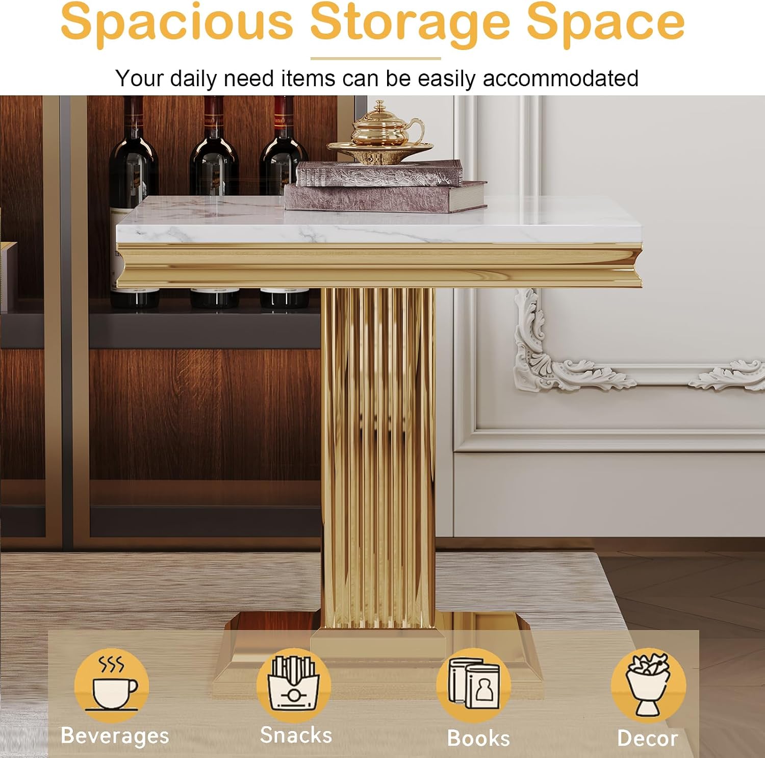 3 Pieces Living Room Table Set,White Faux Marble Coffee Table Set of 3, Modern Coffee Table and 2 End Table Set with Gold Column-Shaped Stainless Steel Base for Living Room Home Office