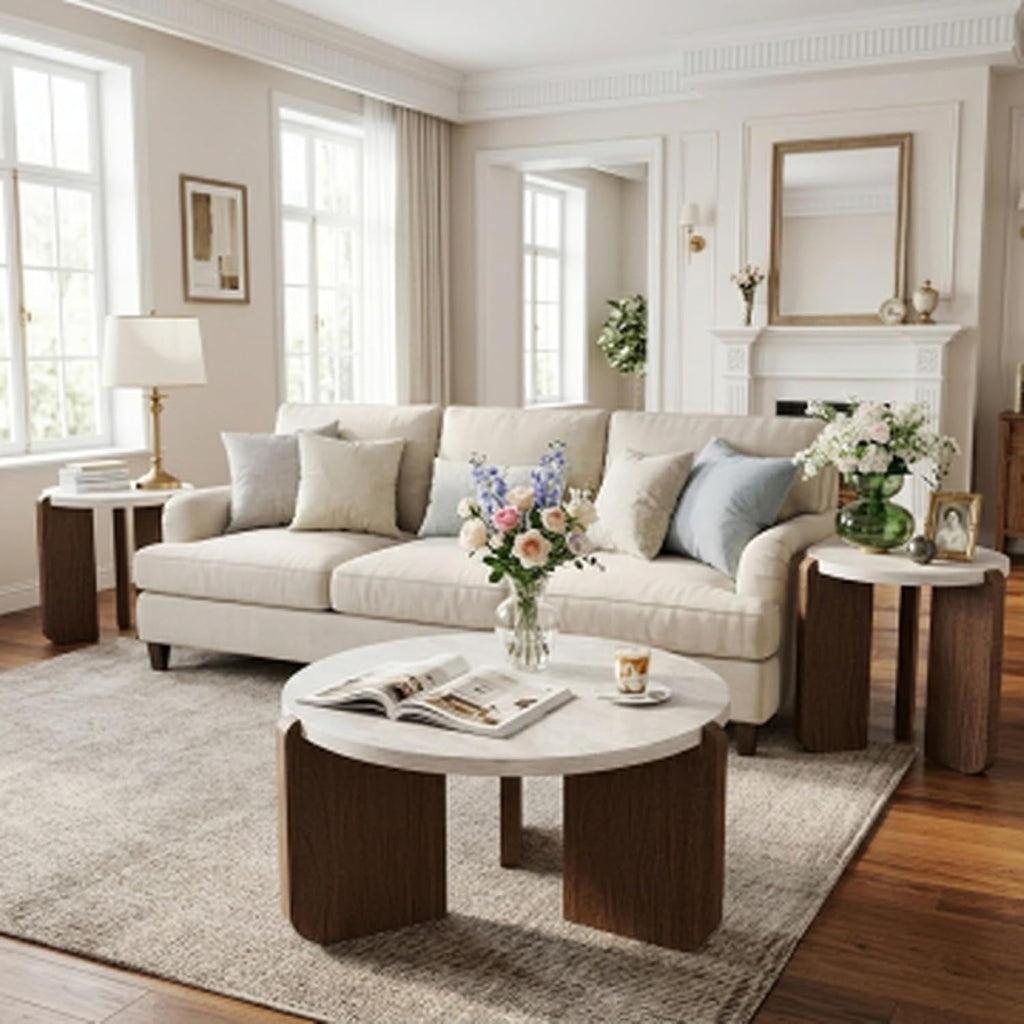 HOMPUS Coffee Table and End Table Sets, Round Faux Marble Modern 3-Piece Living Room Table Sets for Living Room, Office, Apartment, Bedroom, Easy to Assemble Living Room Furniture, Faux Marble