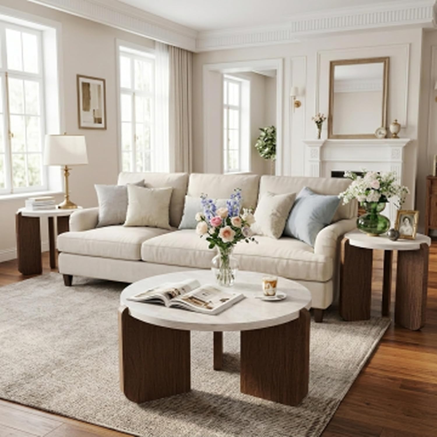 HOMPUS Coffee Table and End Table Sets, Round Faux Marble Modern 3-Piece Living Room Table Sets for Living Room, Office, Apartment, Bedroom, Easy to Assemble Living Room Furniture, Faux Marble