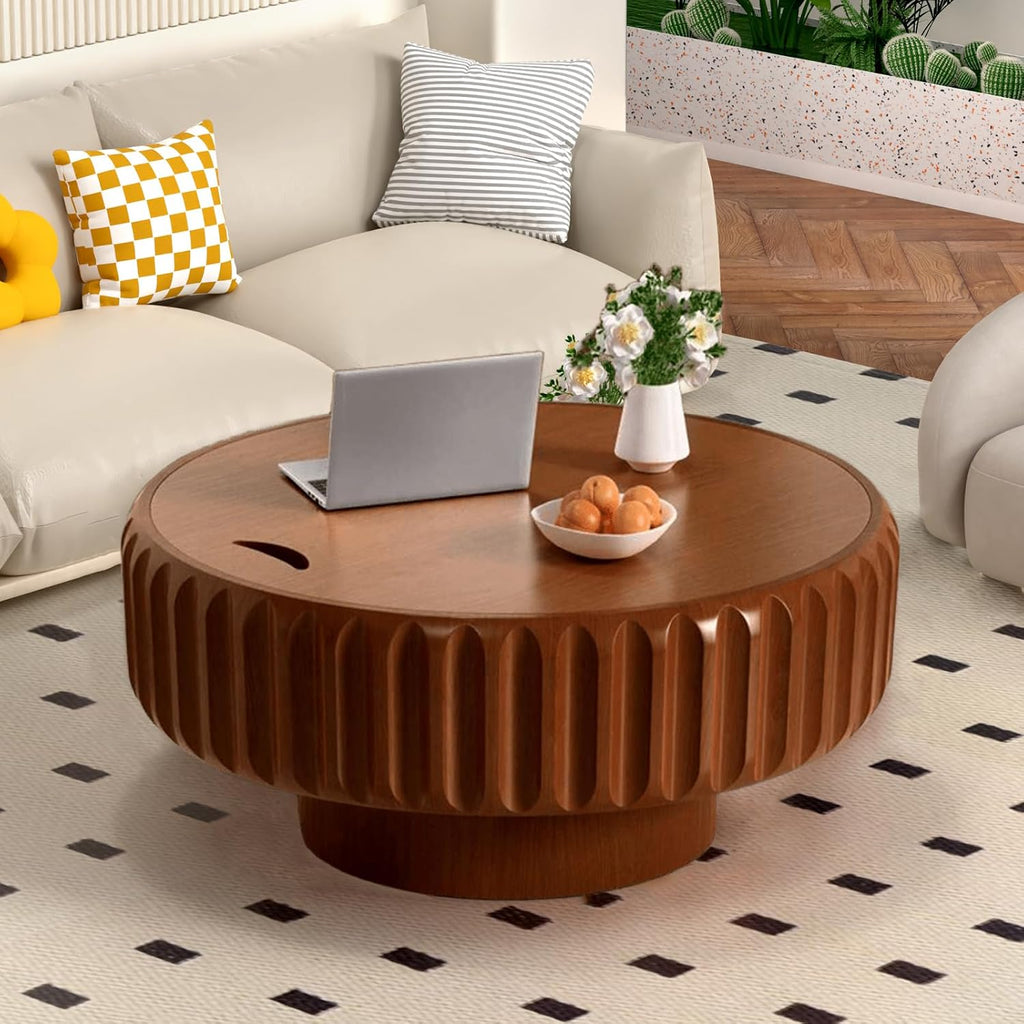 Chic Drum Coffee Table with Storage 31.5' Rustic Round Center Table - Handcraft Fluted Veneer Easy Assemble for Living Room Apartment (C 31.5in)