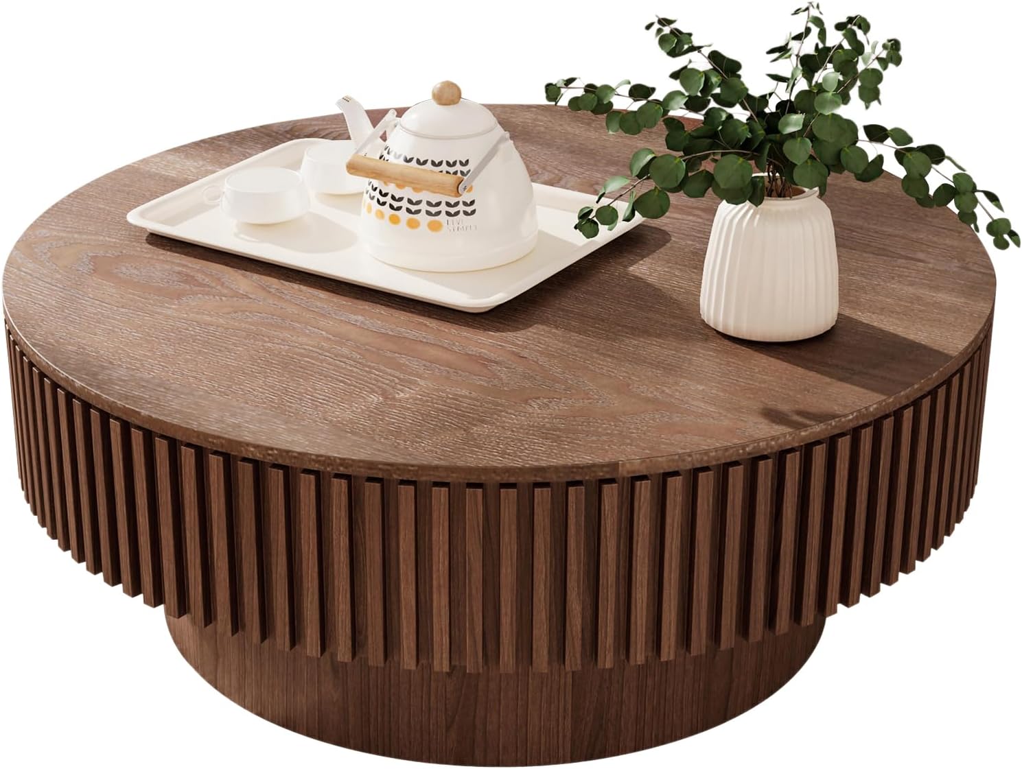 31.5'' Round Coffee Table for Living Room, Fluted Coffee Table with Hidden Storage, Solid Wood Veneered Circle Table, Modern Tea Table for Small Space Apartment (Walnut-31.5''D×14''H)
