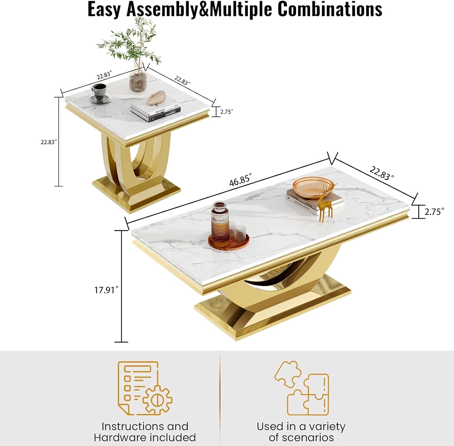 2-Piece Living Room Table Set, Faux Marble Coffee Table Set of 2 with U Stainless Steel Base, White and Gold Coffee and End Table Set, Modern Home Living Furniture