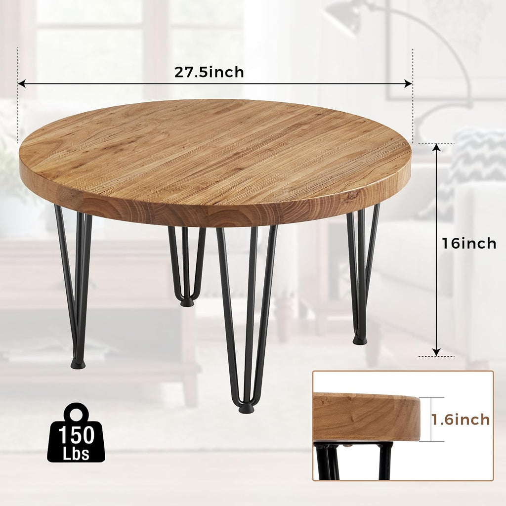 FLYJOE Rustic Wood Round Coffee Table with Metal Legs, Solid Elm Wood Top and Non-Slip Feet Pads - Farmhouse Style for Living Room, Natural