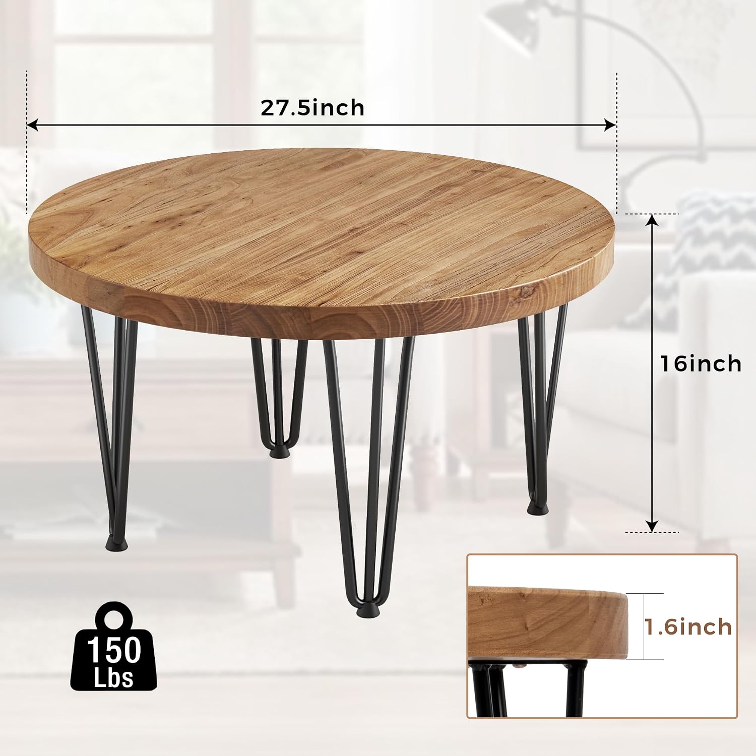 FLYJOE Rustic Wood Round Coffee Table with Metal Legs, Solid Elm Wood Top and Non-Slip Feet Pads - Farmhouse Style for Living Room, Natural