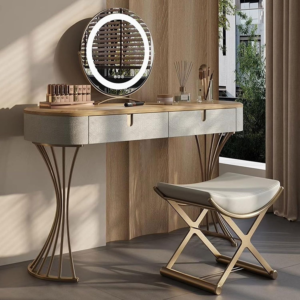 Thick Table Top Vanity Desk with Mirror Tri-Colour Lighting Creative Design Mirror Stainless Steel Stand Solid Wood Frame Makeup Table