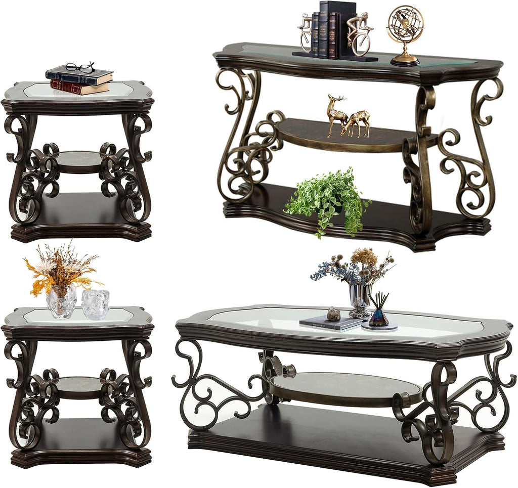 4 Piece Retro Coffee Table Set, Mid Century Modern Living Room Table Set, Traditional 3-Tier Coffee Table, Console Table and 2 End Tables with Tempered Glass Top & Storage Shelf for Living Room