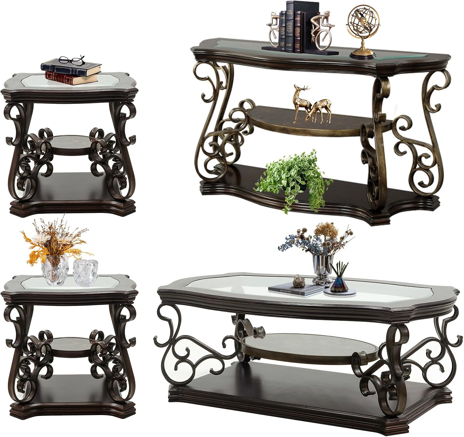 4 Piece Retro Coffee Table Set, Mid Century Modern Living Room Table Set, Traditional 3-Tier Coffee Table, Console Table and 2 End Tables with Tempered Glass Top & Storage Shelf for Living Room