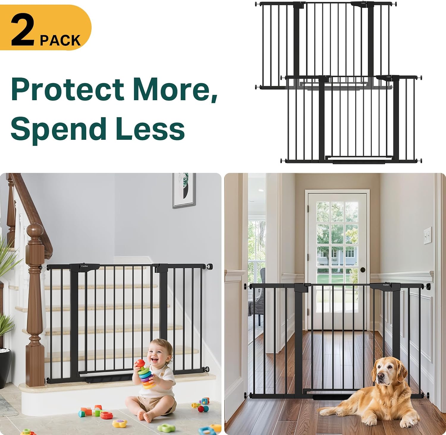 Cumbor 2 Pack 29.7'-48' Baby Gate for Stairs, Mom's Choice Awards Winner-Dog Gate for Doorways, Pressure Mounted Auto-Close Pet Gates for Dogs Indoor, Safety Child Gate with Easy Walk Thru Door,Black