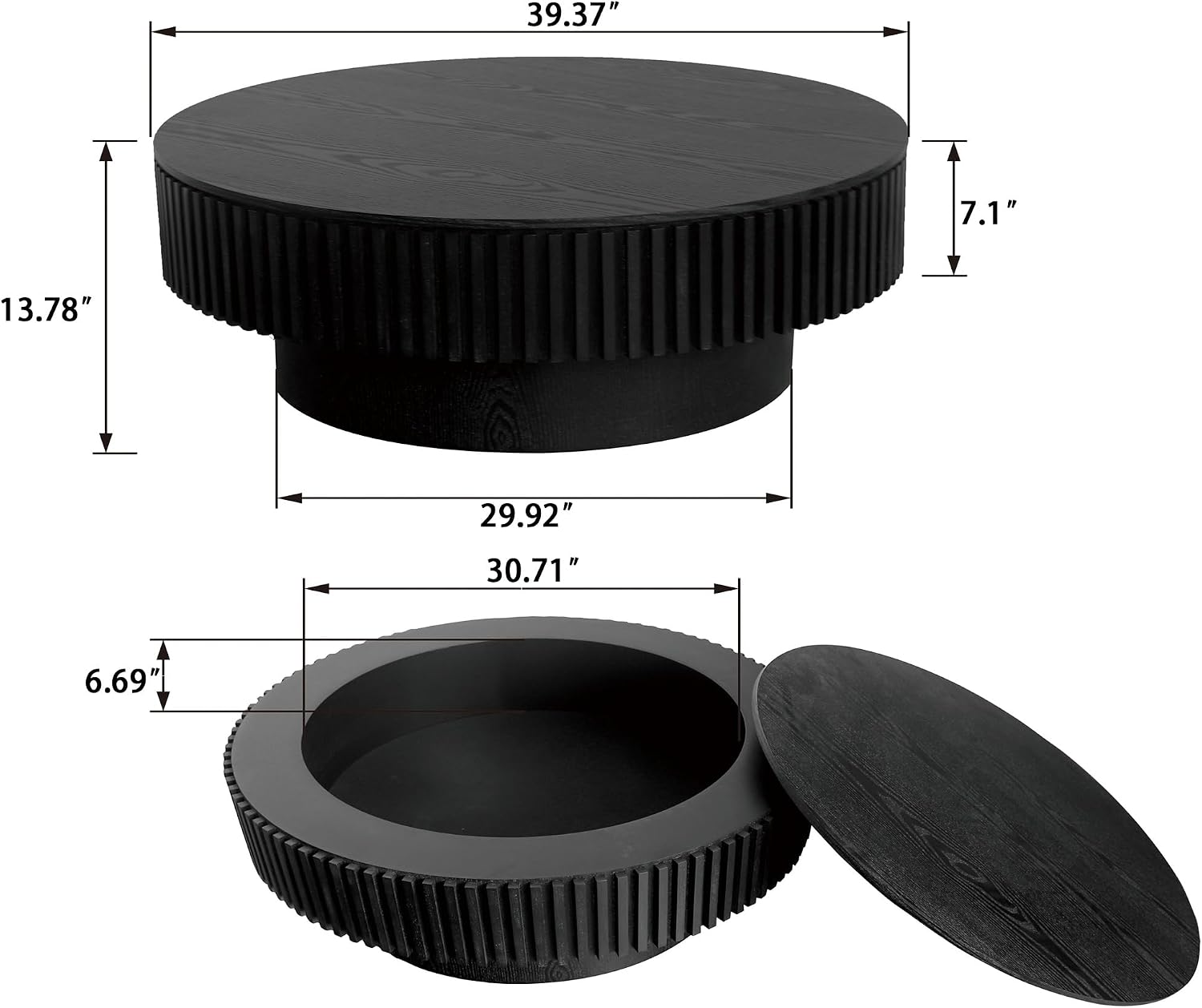 Round Coffee Table with Storage Wood Circle Coffee Table for Living Room Contemporary Fluted Table Center Table for Apartment, Easy Assembly ø39.4,Black