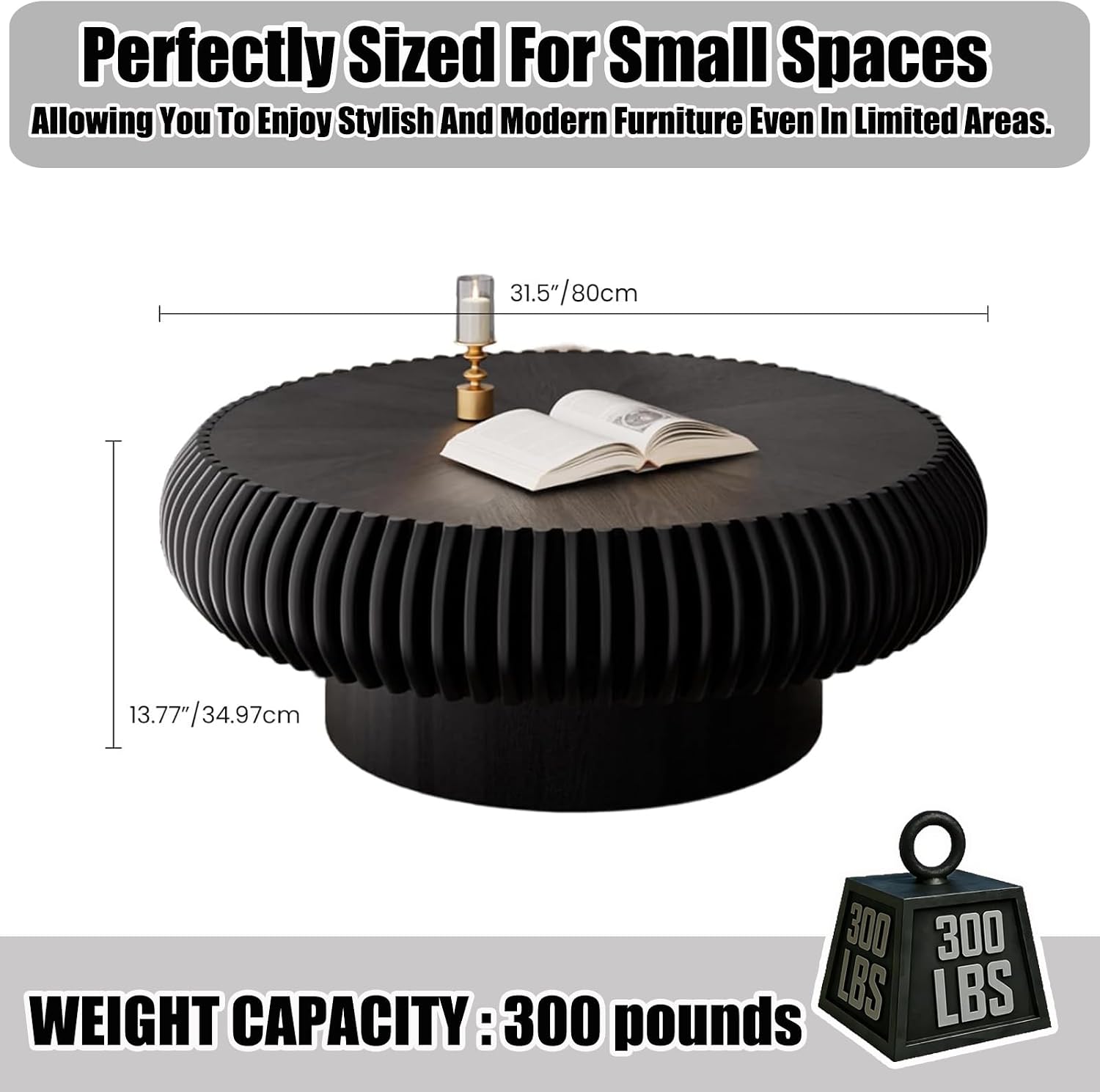 31.5' Round Drum Coffee Table, Modern Fluted Coffee Tables with Solid Wood Veneer, Wooden Circle Center Table for Living Room, Small Spaces, and Apartments, Easy Assembly