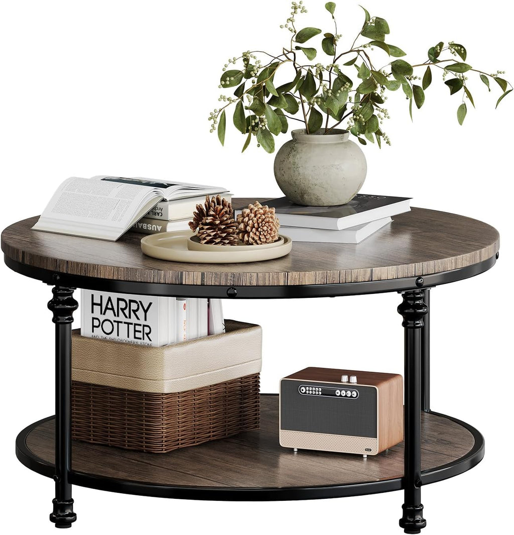 2-Tier Round Coffee Table with Storage Shelf, Rustic Wood and Metal Cocktail Table, Modern Industrial Center Table for Living Room, Apartment, Small Spaces