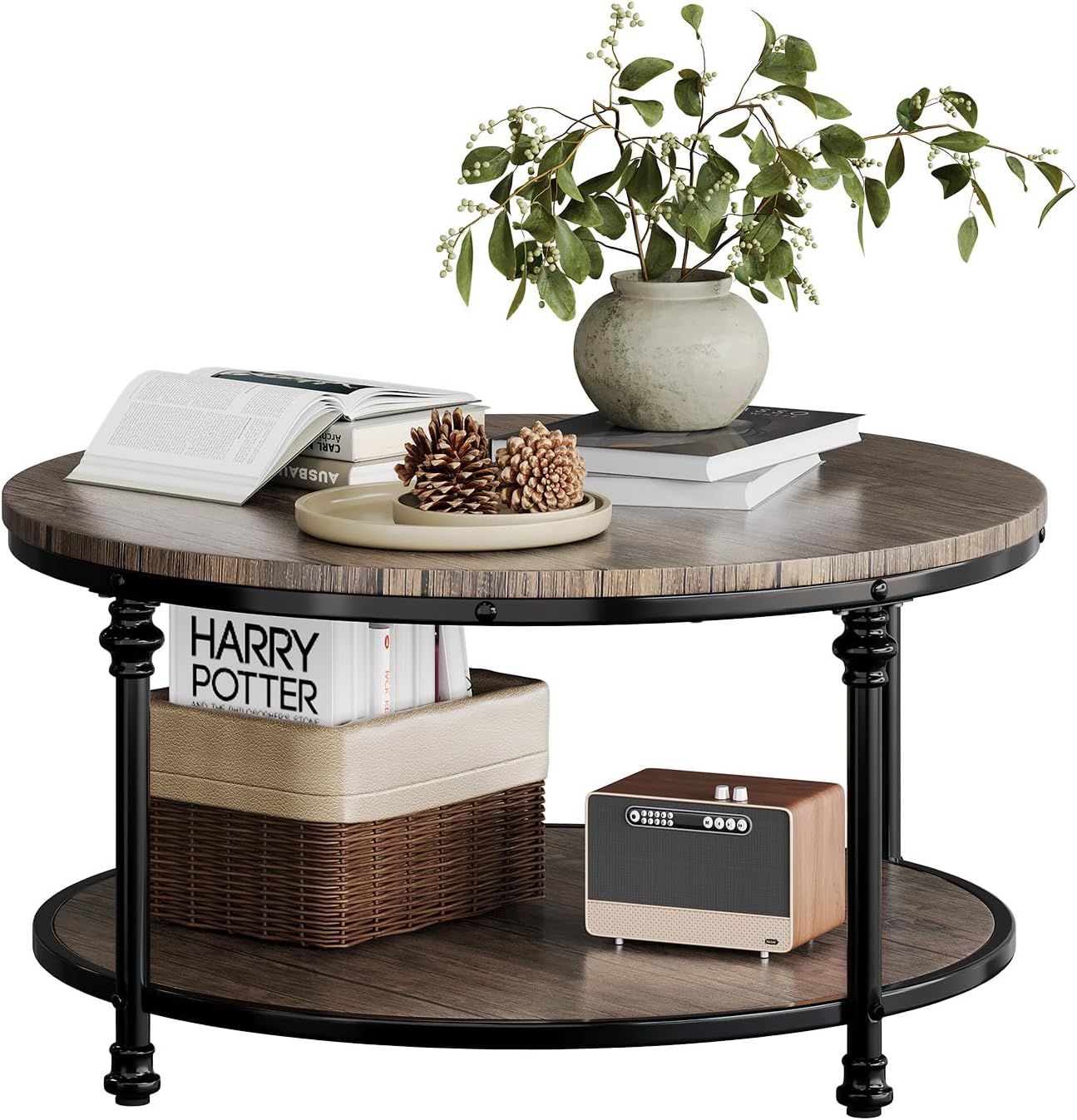 2-Tier Round Coffee Table with Storage Shelf, Rustic Wood and Metal Cocktail Table, Modern Industrial Center Table for Living Room, Apartment, Small Spaces