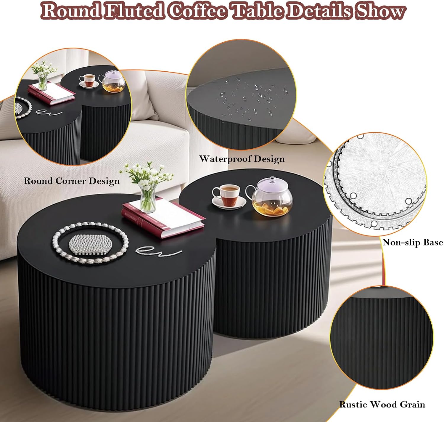 Black Round Fluted Coffee Table Set of 2 - Handcraft Embossed Design, Stylish Combination Center Drum Table for Living Room - No Assemble Needed (D-18.9IN+15IN)